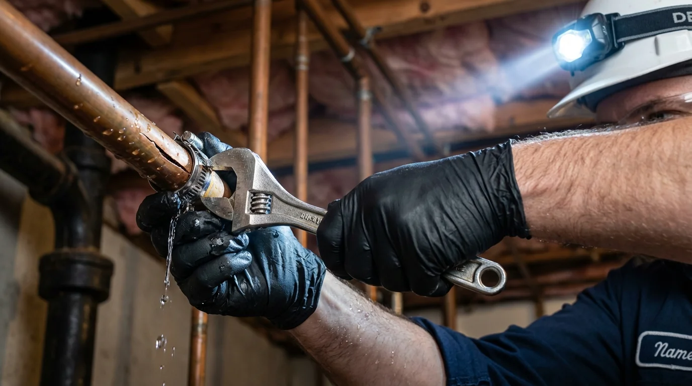 Emergency pipe clamp repair being performed by a Johns Plumbing LLC plumber in Gretna