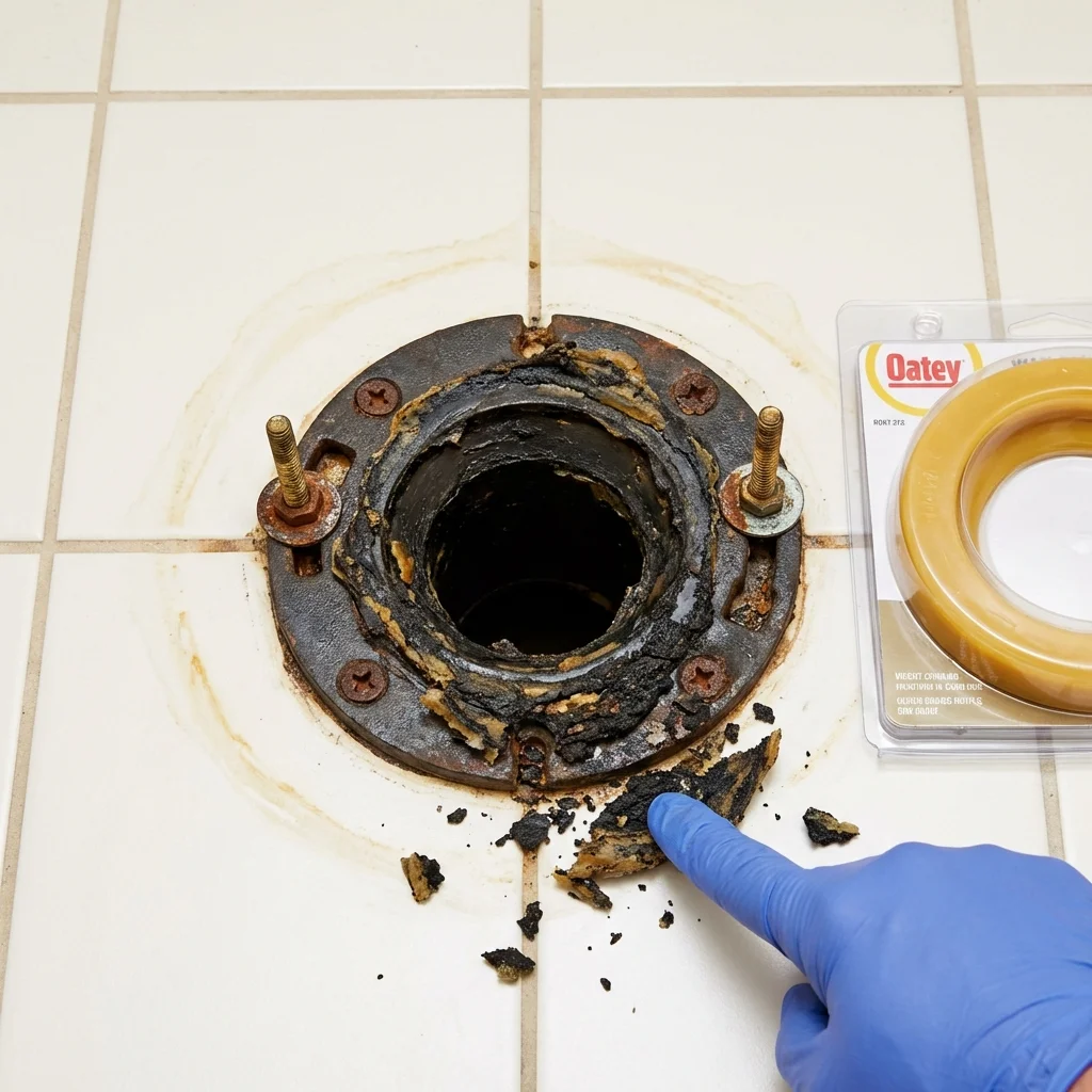 Failed wax ring showing water seepage at the base of a toilet in a Gretna, FL home
