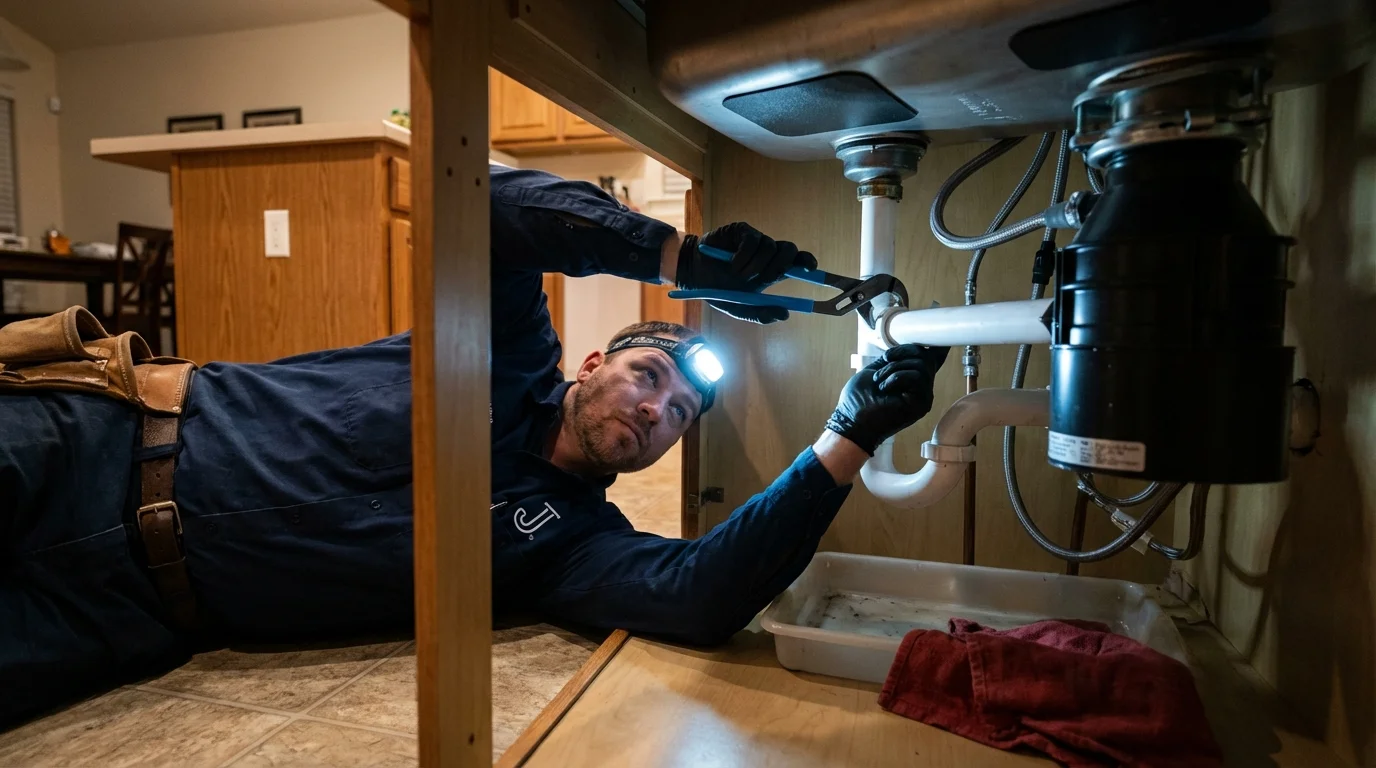 P-trap and supply line connections under a kitchen sink showing a common leak point in Gretna, FL